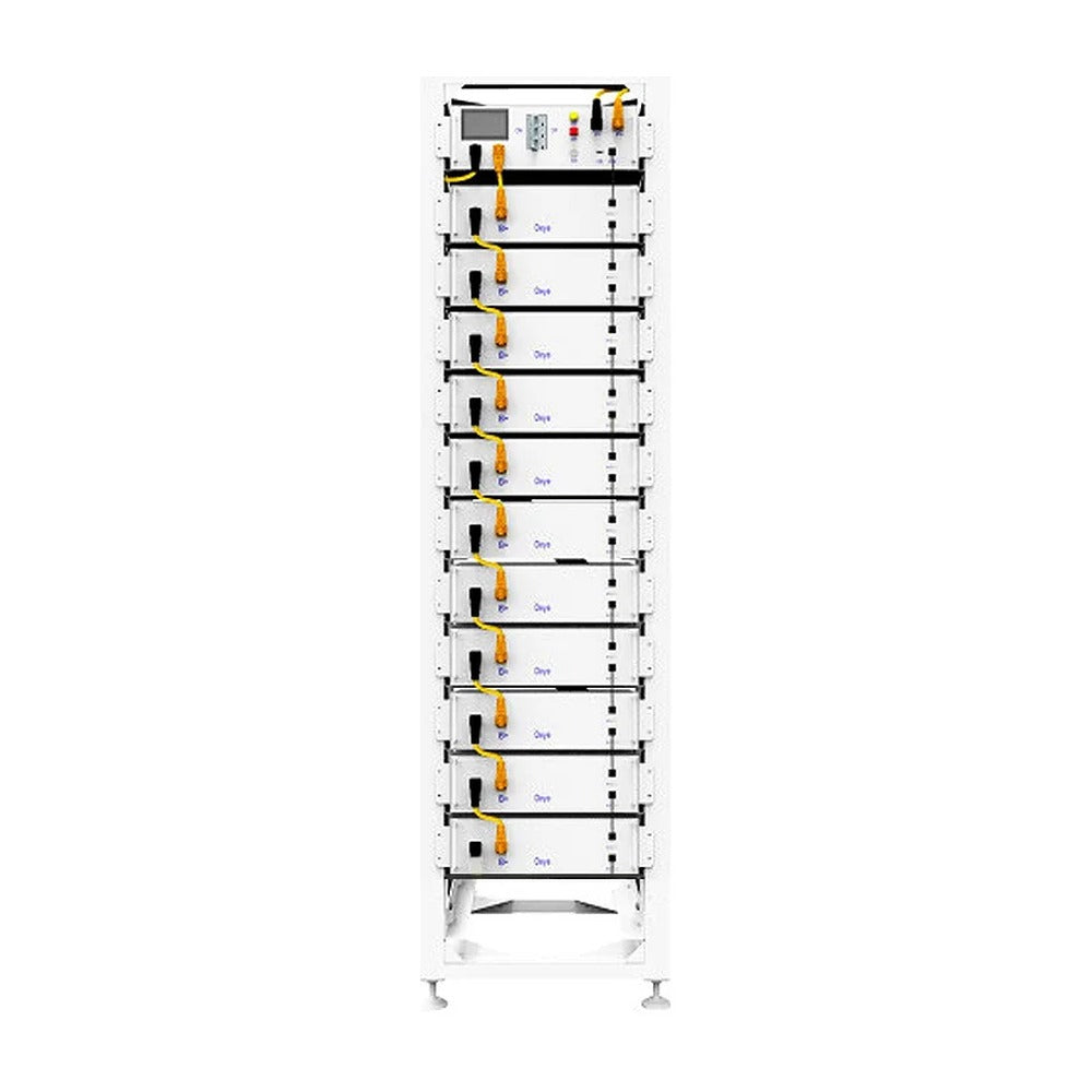 Deye BOS-G55 battery rack, front view with eleven stacked battery modules and the control unit on top