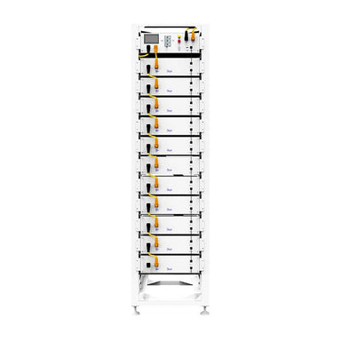 Deye BOS-G55 battery rack, front view with eleven stacked battery modules and the control unit on top