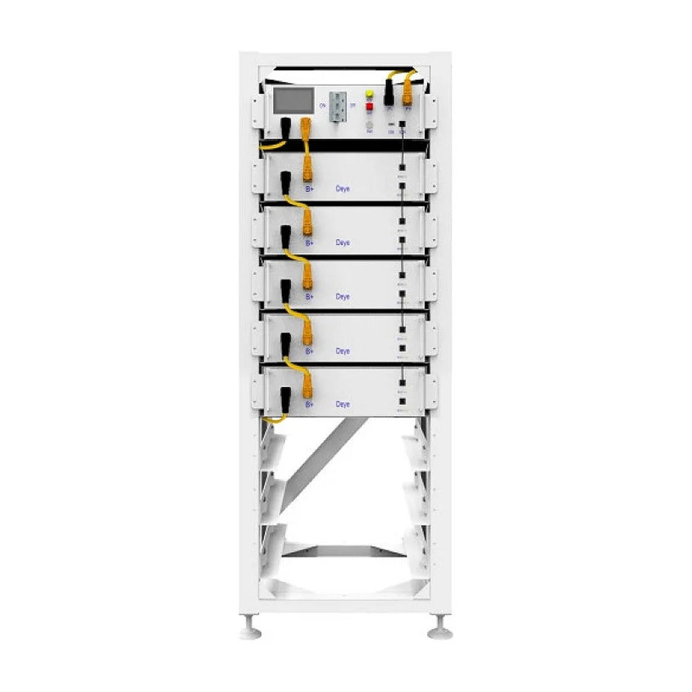 Deye BOS-G25 battery rack, front view with five stacked battery modules and the control unit on top