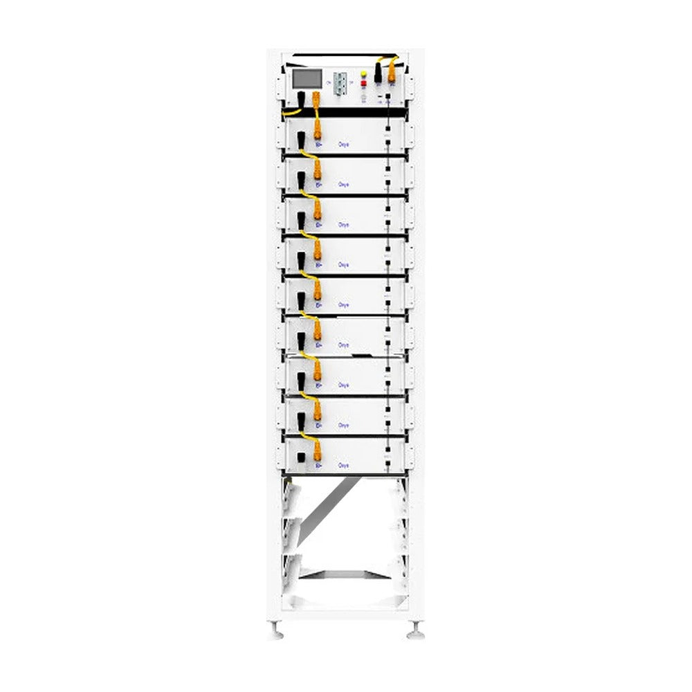 Deye BOS-G45 battery rack, front view with nine stacked battery modules and the control unit on top