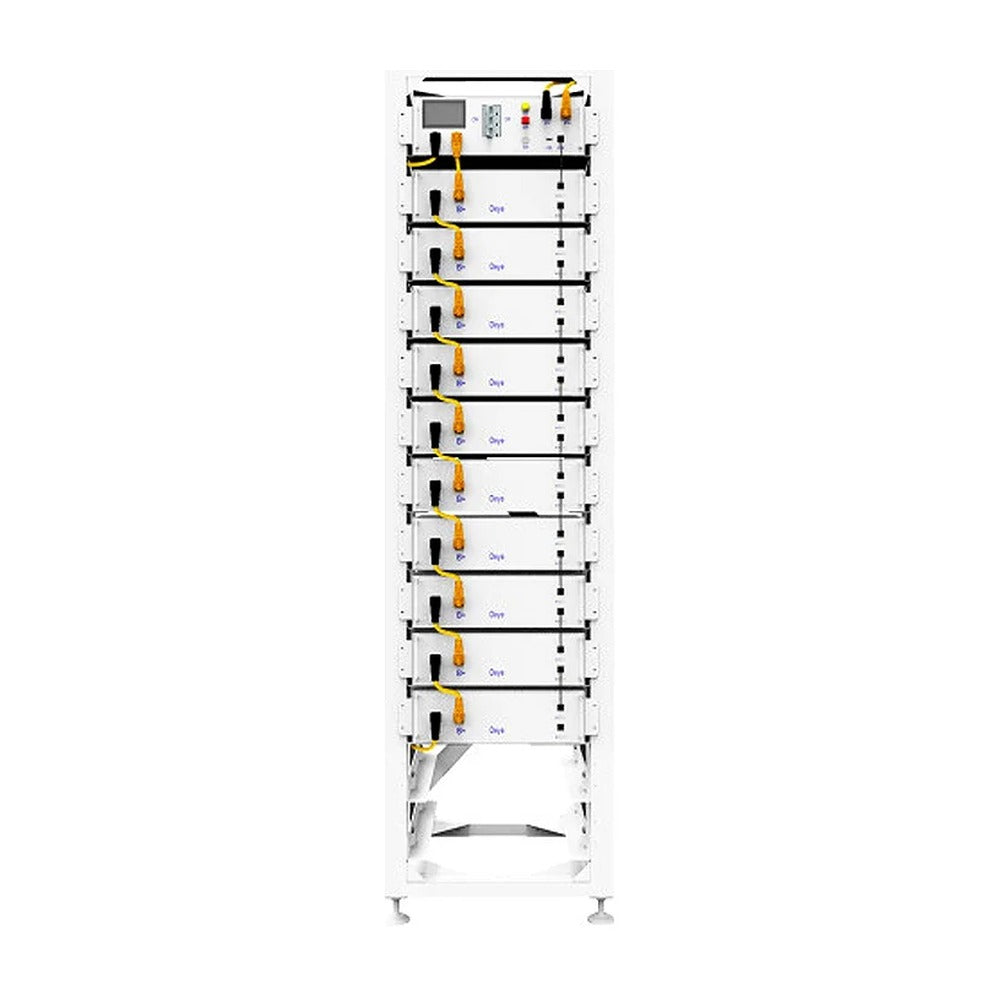 Deye BOS-G50 battery rack, front view with ten stacked battery modules and the control unit on top