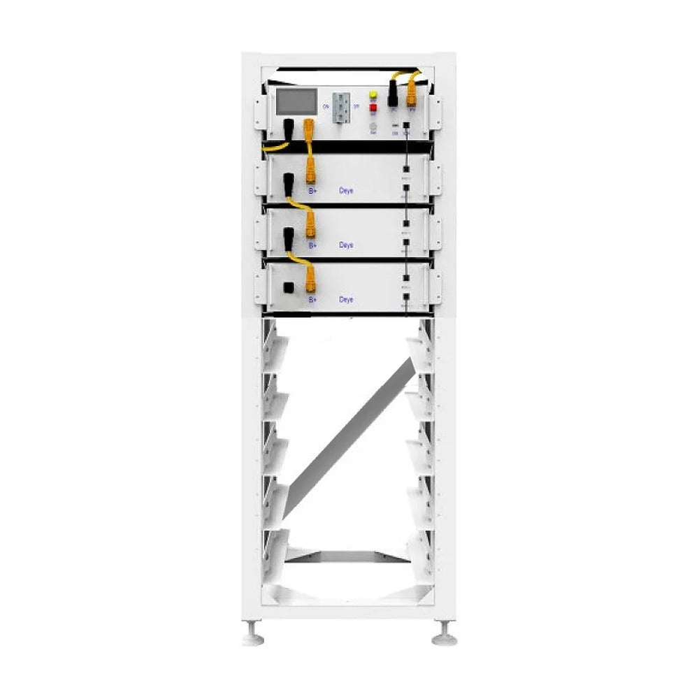 Deye BOS-G15 battery rack, front view with three stacked battery modules and the control unit on top
