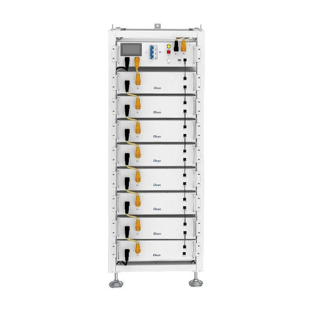 Deye BOS-G40 battery rack, front view with eight stacked battery modules and the control unit on top