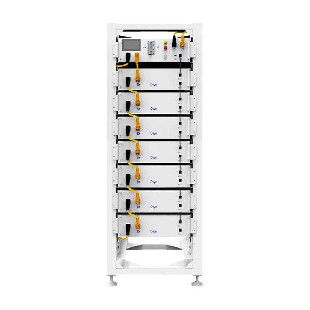 Deye BOS-G35 battery rack, front view with seven stacked battery modules and the control unit on top