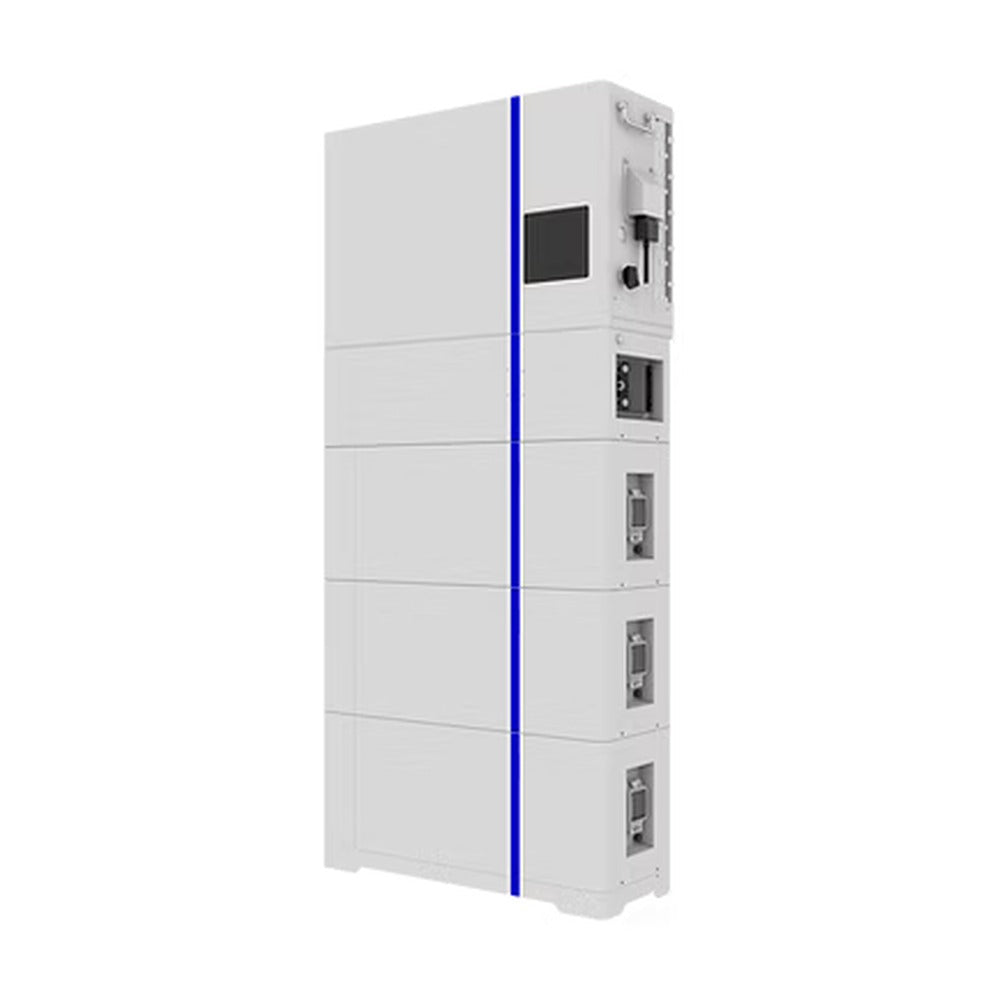 Deye AI-W5.1 All-in-One energy storage system, angled side view of white stacked tower with blue stripe and small display