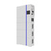 Deye AI-W5.1 All-in-One energy storage system, angled side view of white stacked tower with blue stripe and small display