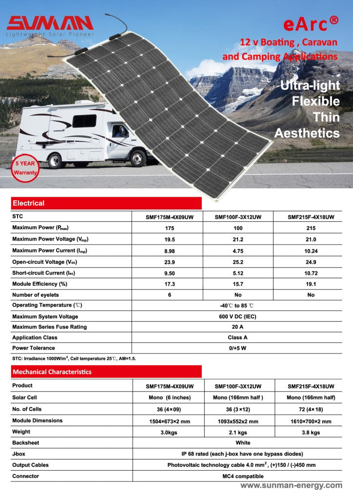 Sunman eArc 175W Flexible Solar Panel, CEC Approved - SMF175M-4X09U