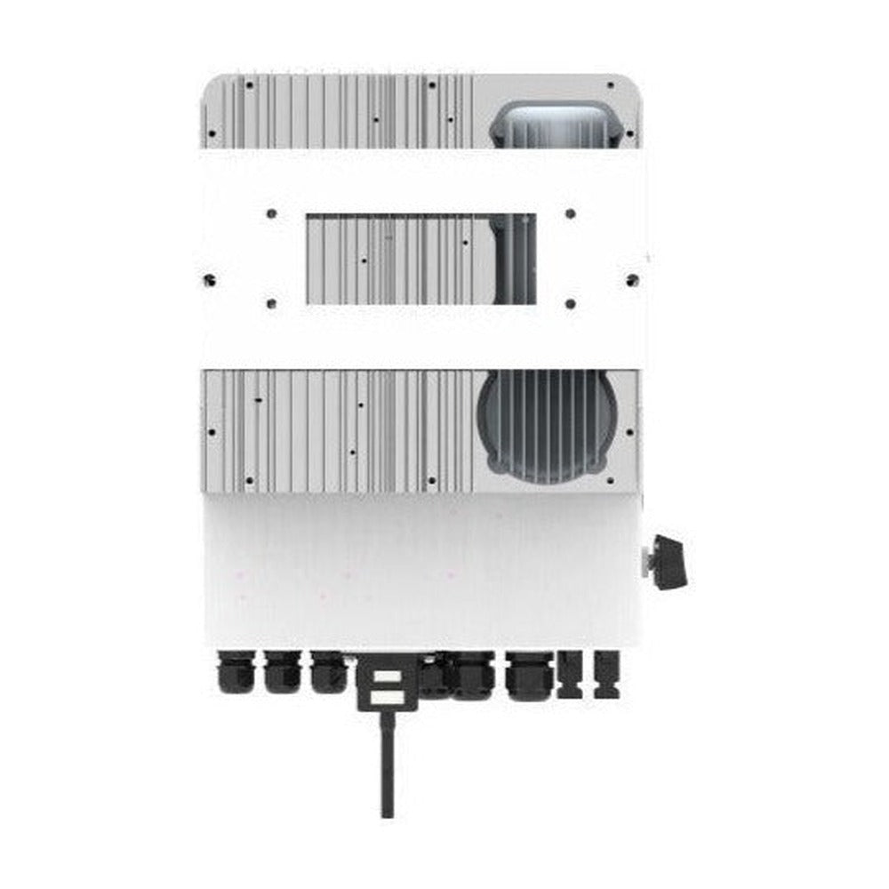 Deye SUN-6K-SG04LP1-AU hybrid inverter, front view showing finned casing and cable glands underneath