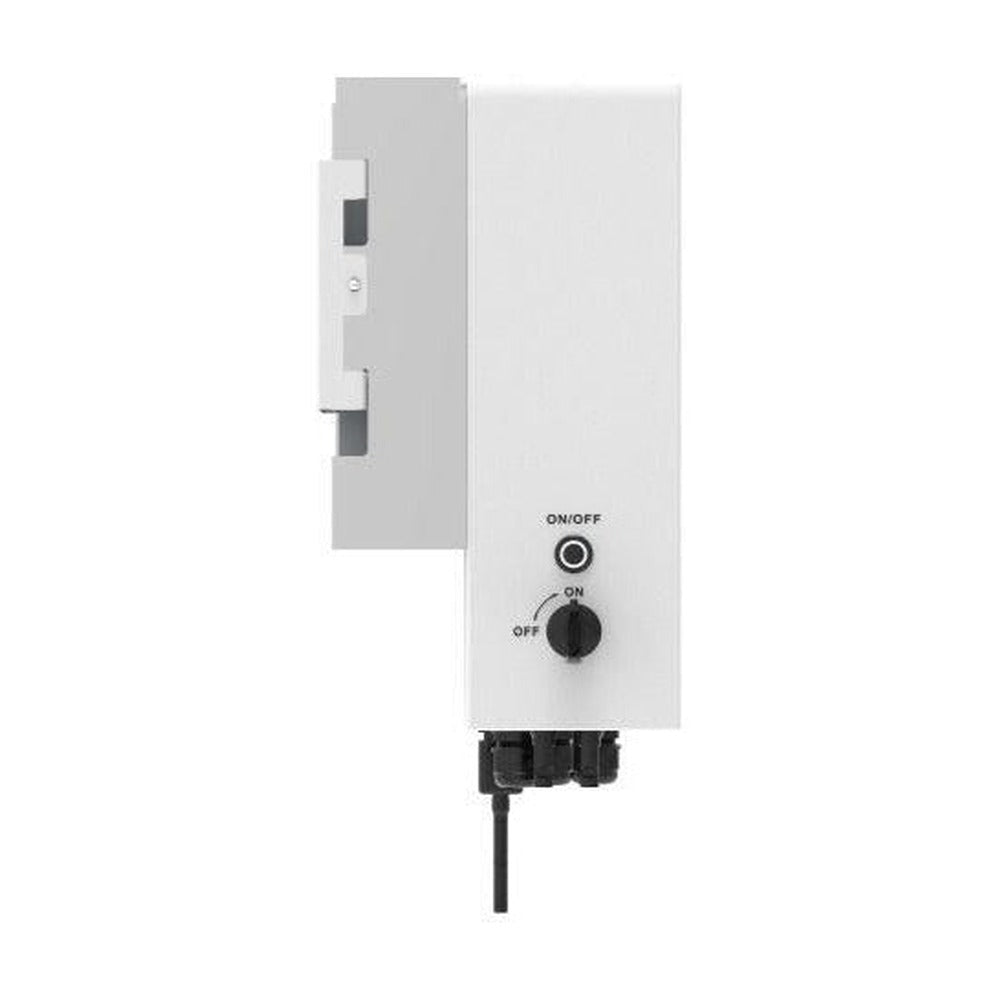 Deye SUN-6K-SG04LP1-AU hybrid inverter, side view showing ON/OFF rotary switch and cabling