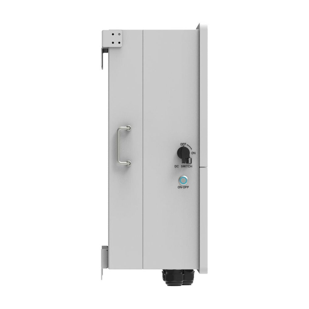 Deye SUN-16K-SG01LP1-AU hybrid inverter side view with DC switch and ON/OFF button