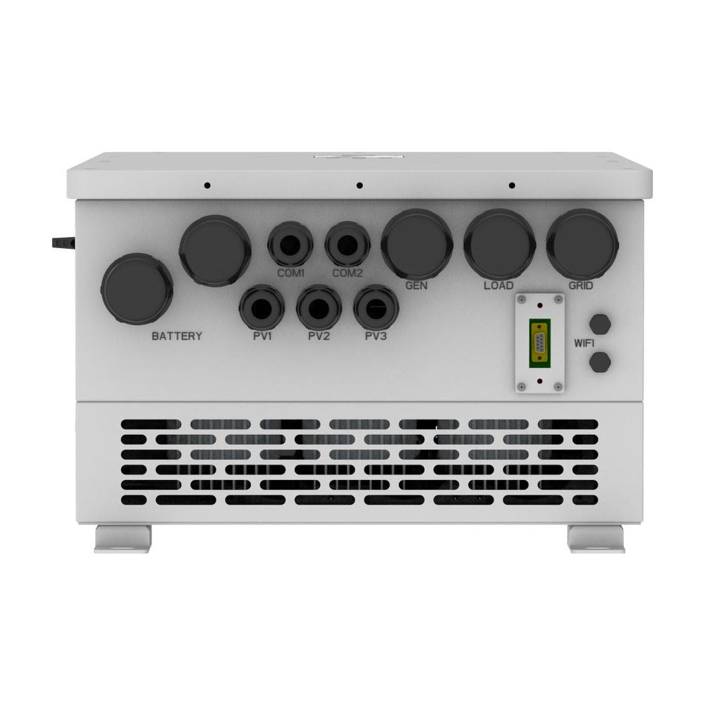 Deye SUN-16K-SG01LP1-AU underside with labelled ports: Battery, PV1-3, COM1-2, Gen, Load, Grid, WiFi