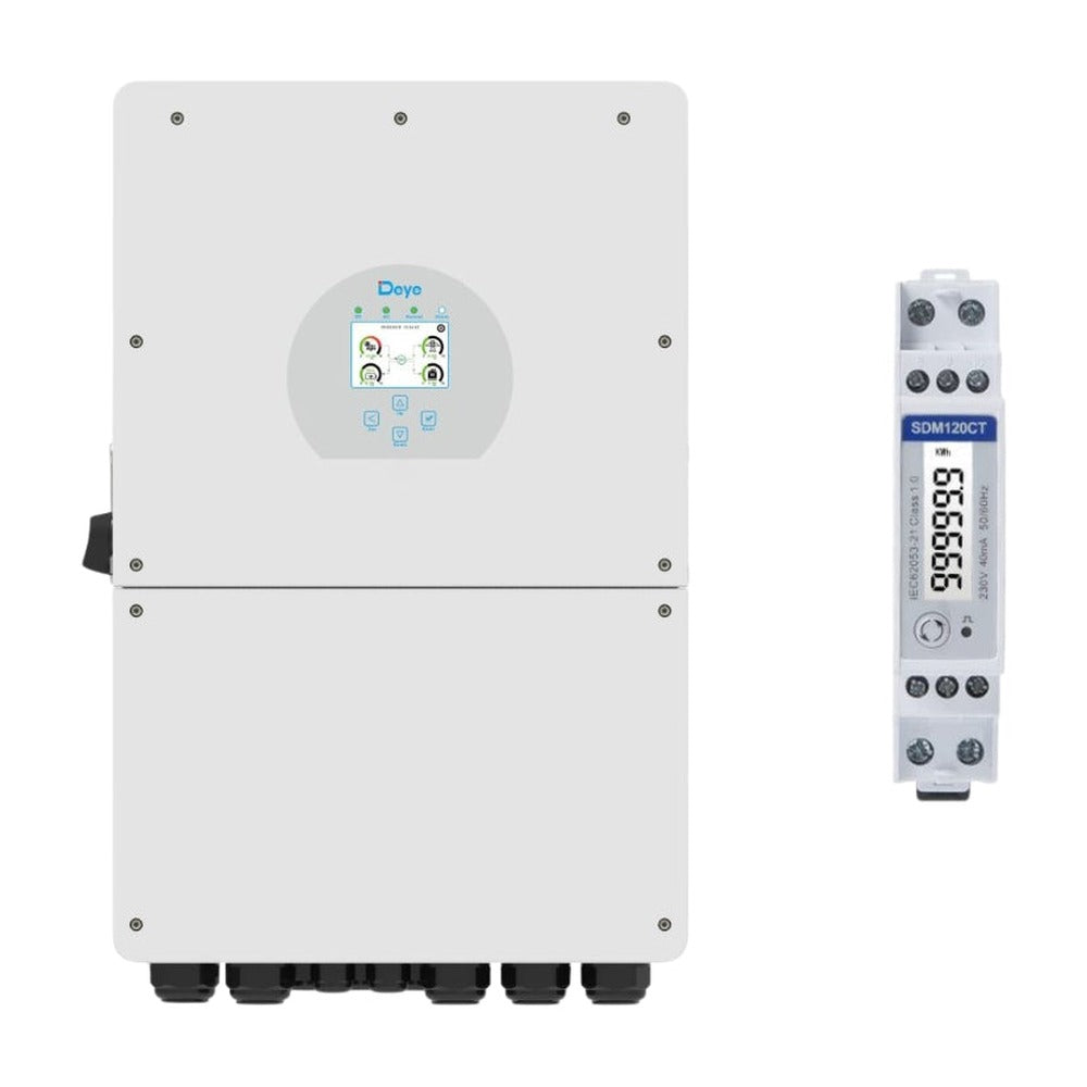 Deye SUN-16K-SG01LP1-AU hybrid inverter front view beside SDM120CT energy meter