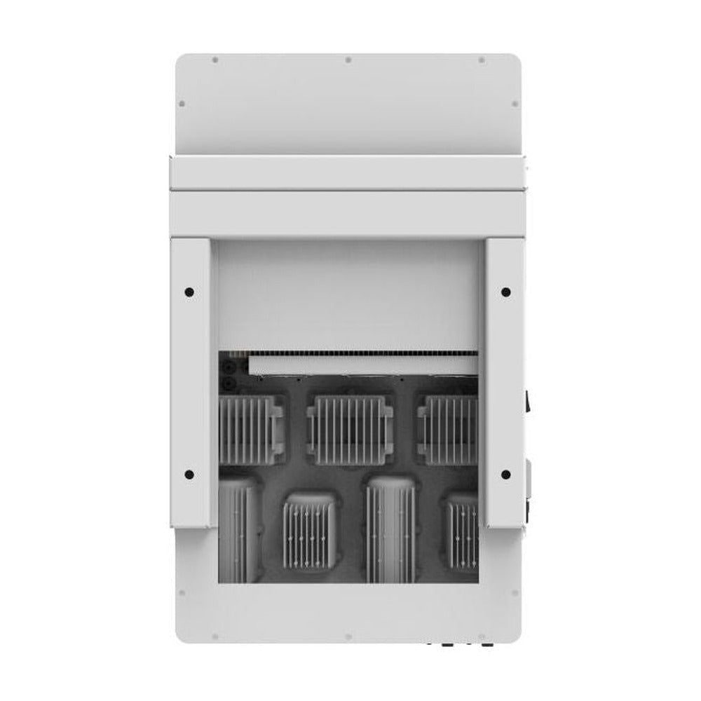 DEYE hybrid inverter with front cover removed, showing internal heatsinks and finned modules