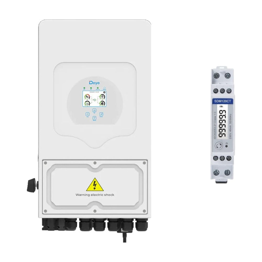 Deye hybrid inverter, front view, with SDM120CT energy meter alongside