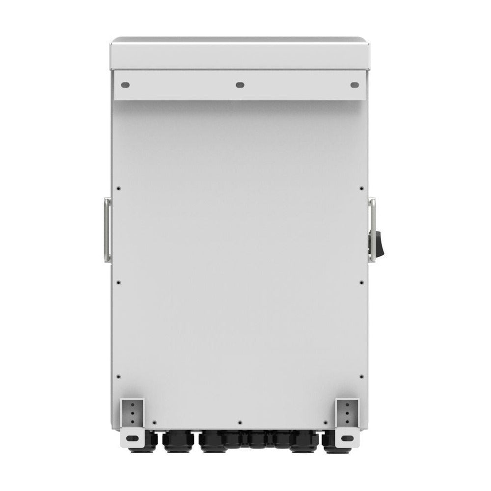 Deye SUN-12K hybrid inverter rear view with wall mount bracket and bottom cable glands