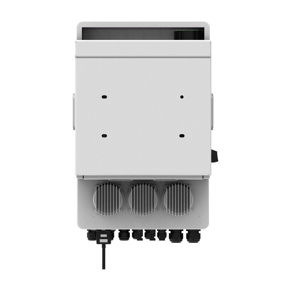 Deye SUN-5K-SG04LP3-AU hybrid inverter, front view of underside cooling fans and cable connection ports