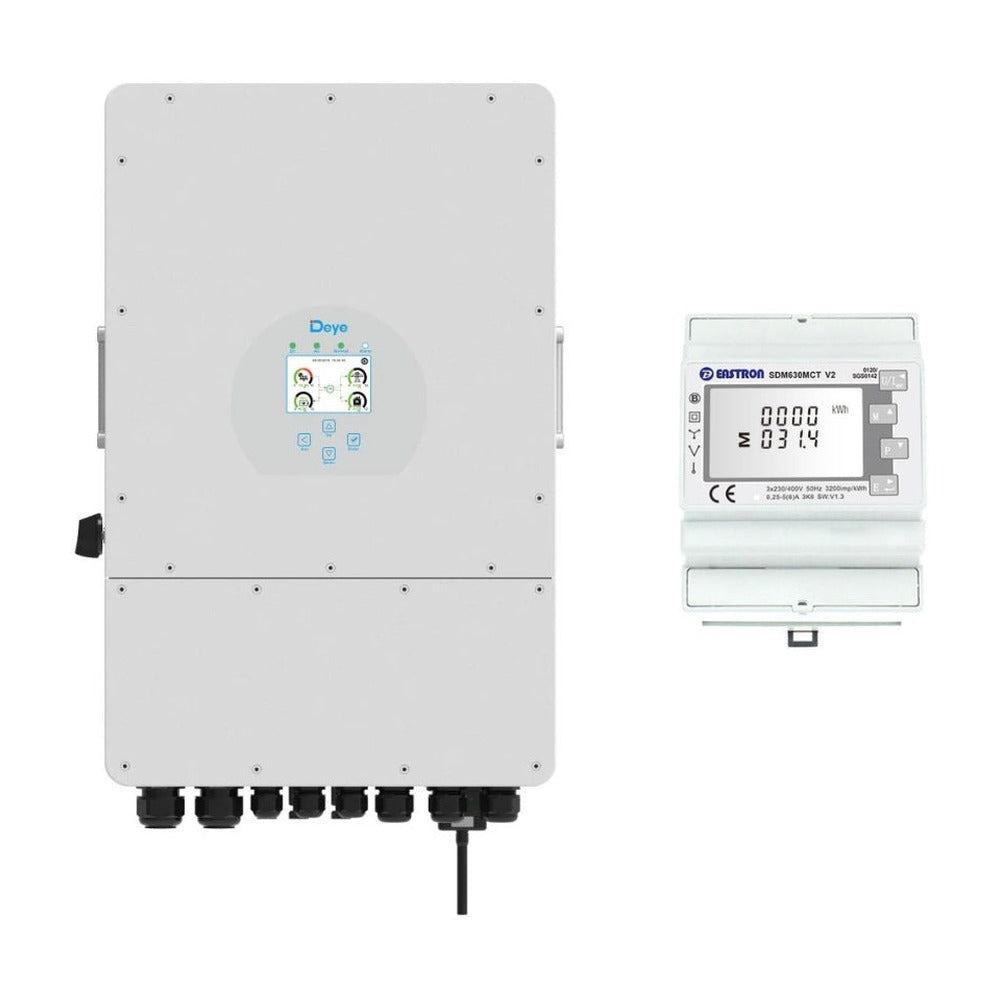Deye SUN-5K-SG04LP3-AU hybrid inverter front with display beside an Eastron SDM630MCT V2 energy meter