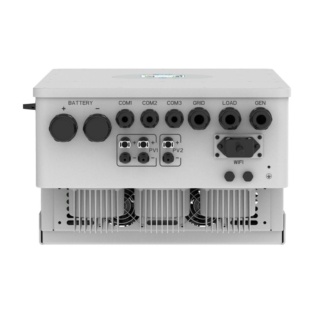 Deye SUN-5K-SG04LP3-AU hybrid inverter, bottom view showing Battery, COM, PV, Grid, Load, Gen and WiFi ports
