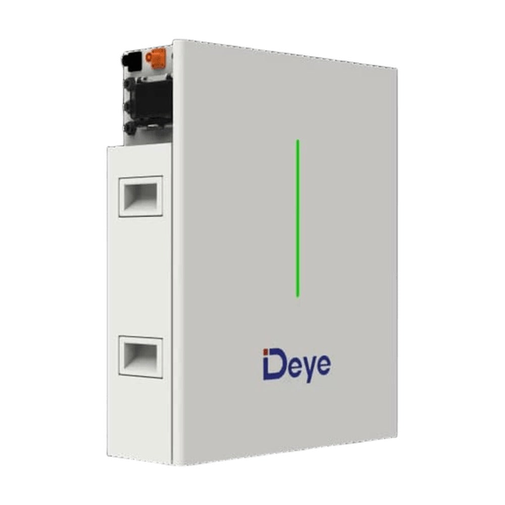 DEYE RW-F10.2 LFP battery, front angled view with green indicator light and Deye logo