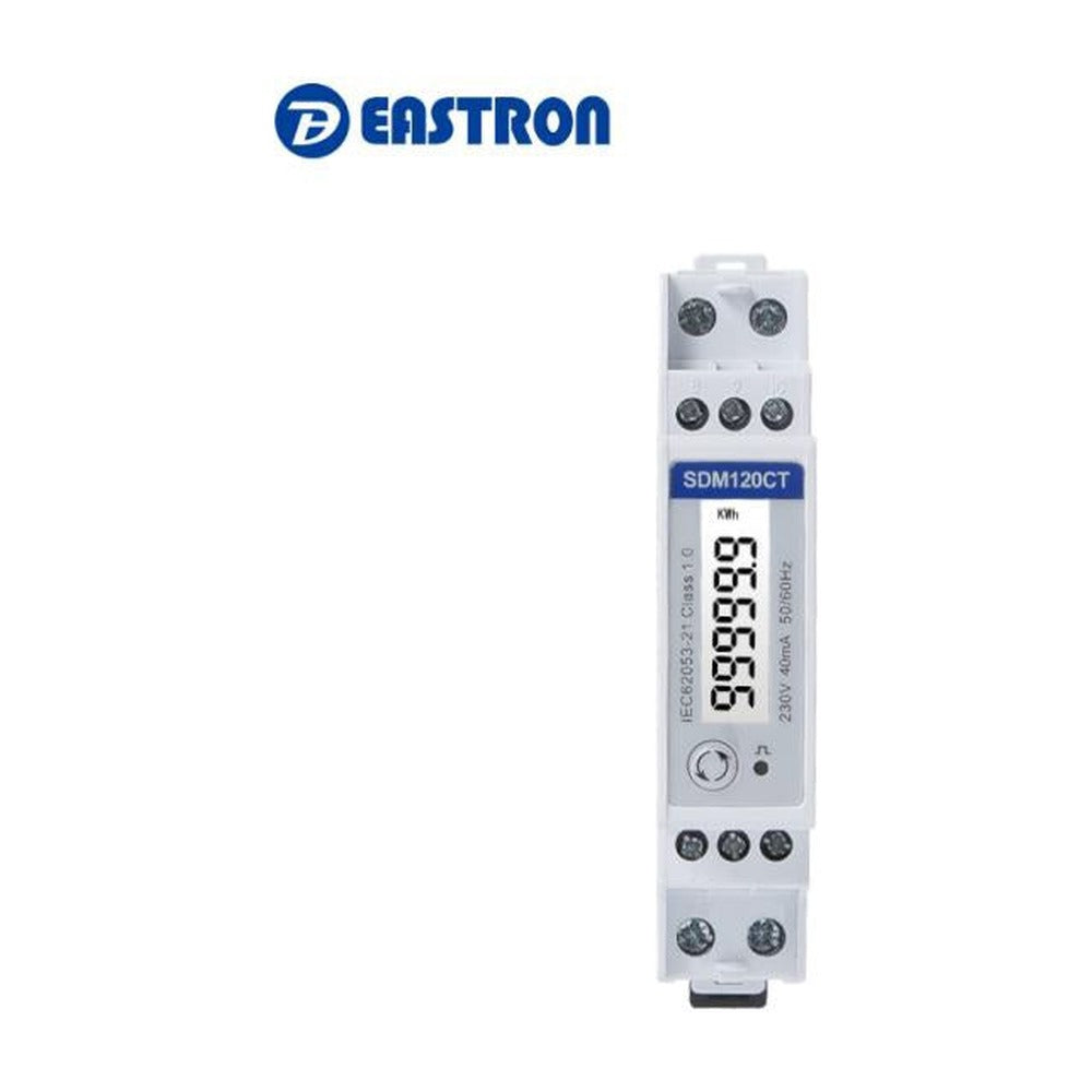 Eastron SDM120CT single phase smart meter, DIN rail mounted, front view with LCD kWh display