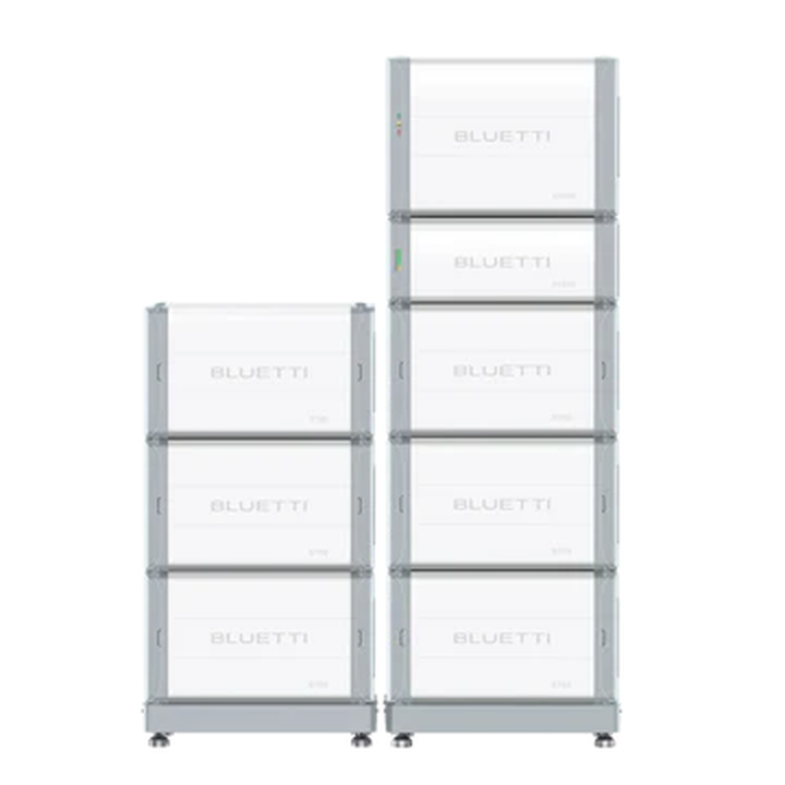 BLUETTI two stacked battery configurations side by side, front view, one three modules tall and one five modules tall.