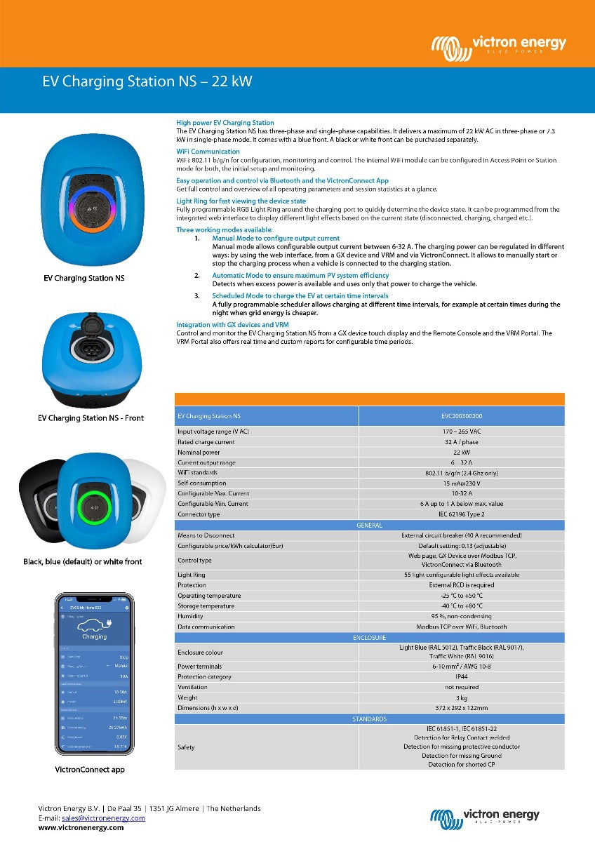 Victron EV Charging station NS WHITE 22kW 1 and 3 phase - EVC200300200