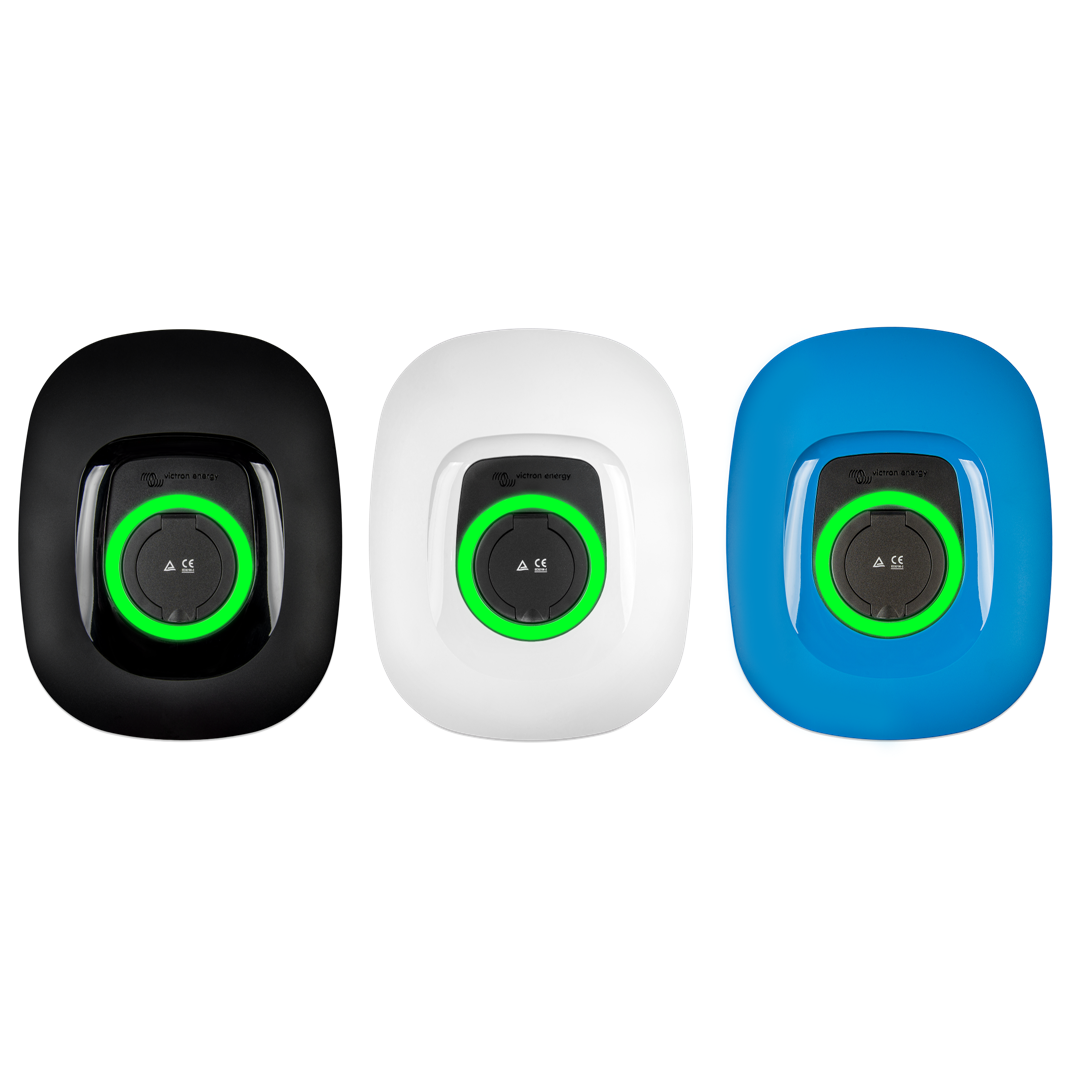 Victron EV Charging Station NS in black, white and blue with green light ring around the port
