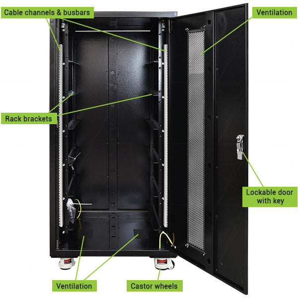 Enepower Black Indoor 6 Shelf Battery Cabinet with labels