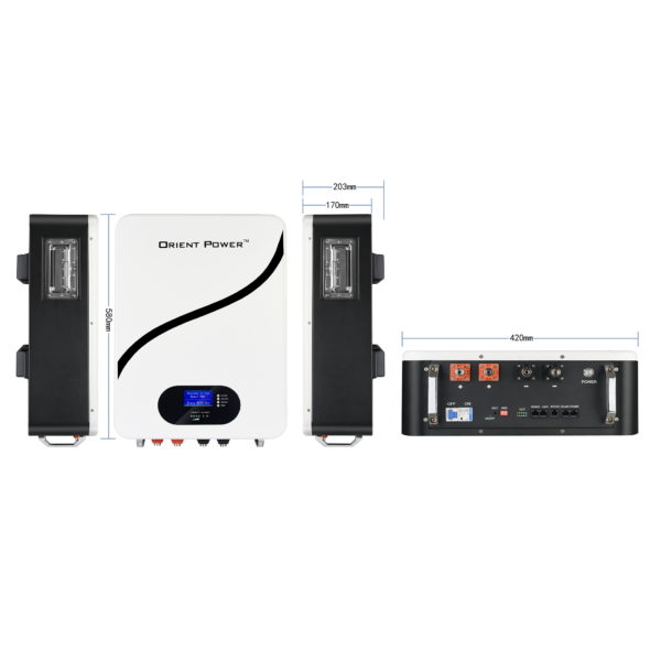 Jakiper Orient Power wall mounted battery front, side and rear views with dimensions in mm