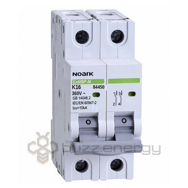 Noark Ex9BP 16A 360V DC 2 pole miniature circuit breaker, K16 trip curve, part number 84450