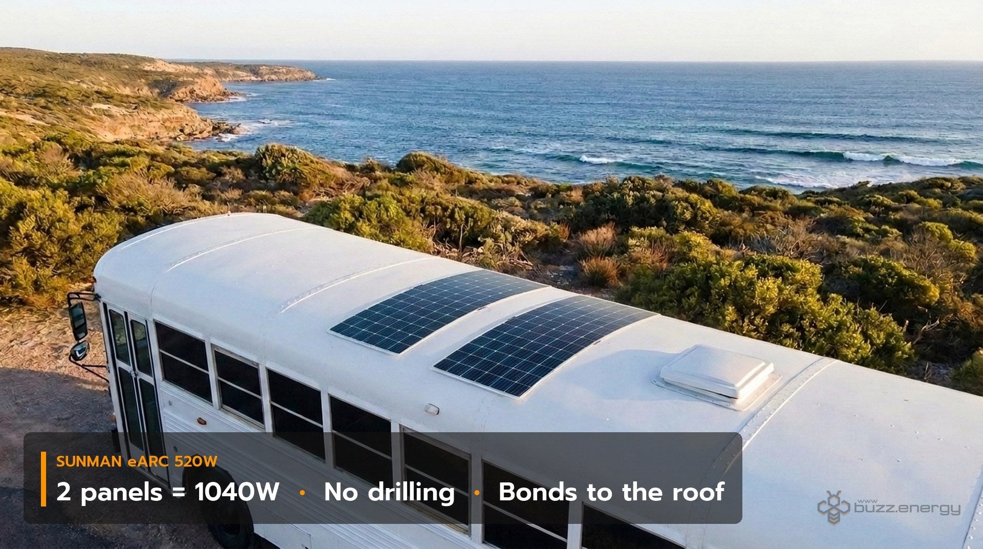 Illustration: two Sunman eArc 520W flexible solar panels laid across the curved roof of a bus motorhome conversion