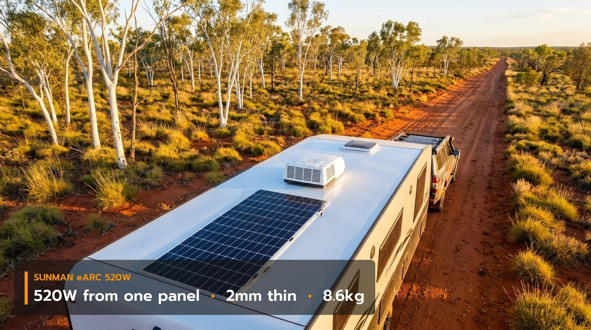 Illustration: Sunman eArc 520W flexible solar panel bonded flat on the roof of an off-road caravan in the Australian outback