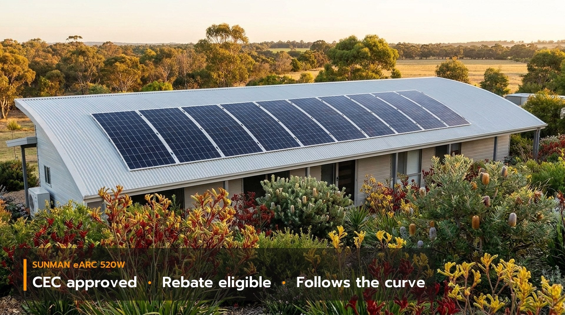 Illustration: Sunman eArc 520W flexible solar panels following the curved metal roof of an Australian home