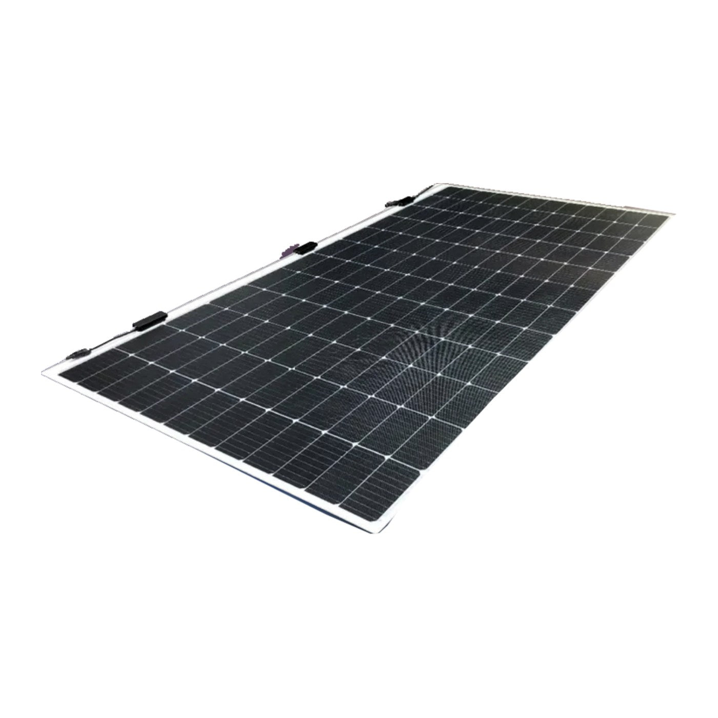 Sunman eArc 520W SMF520J-12X12UW flexible solar panel, angled view showing the three junction boxes along one edge
