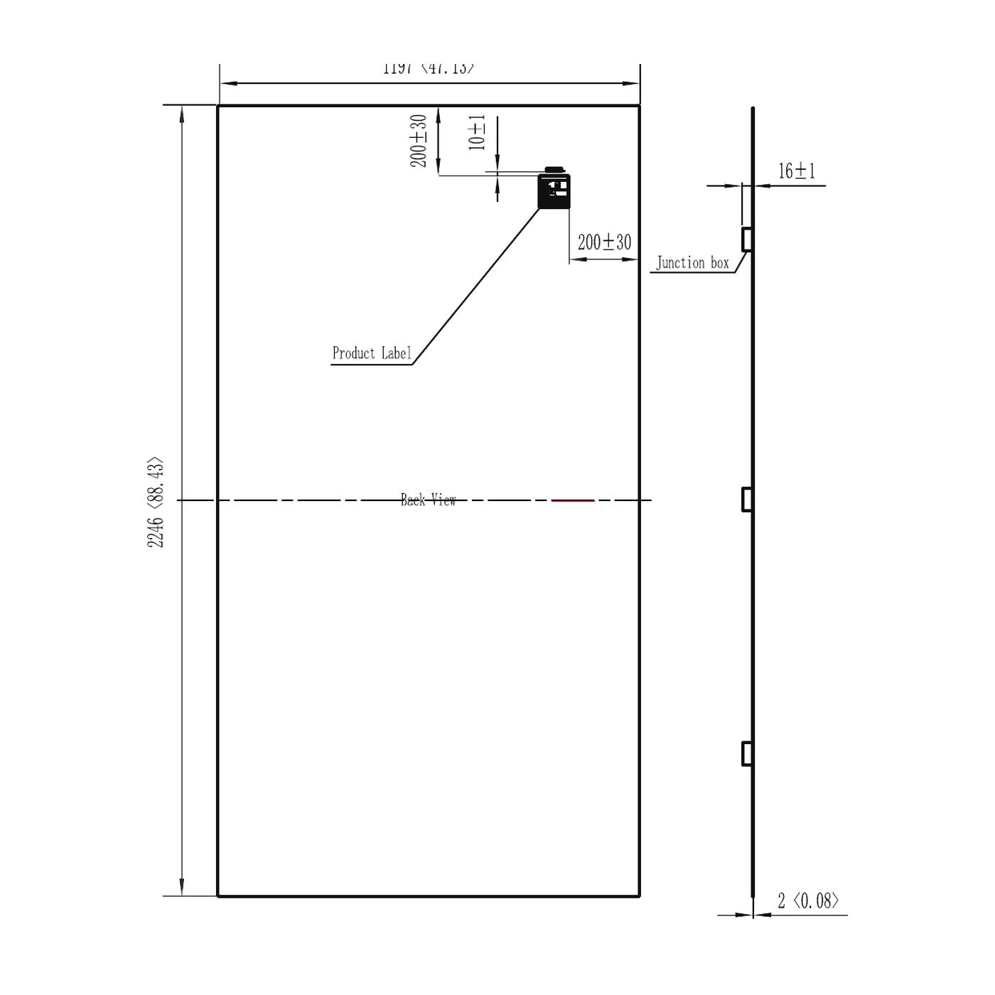 Sunman eArc 520W SMF520J-12X12UW flexible solar panel dimension drawing, 2246 x 1197 x 2mm