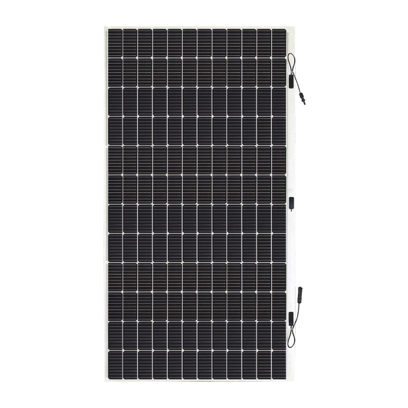 Sunman eArc 520W SMF520J-12X12UW flexible solar panel, front view showing 144 half cells, white edges and output cables