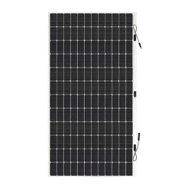 Sunman eArc 520W SMF520J-12X12UW flexible solar panel, front view showing 144 half cells, white edges and output cables