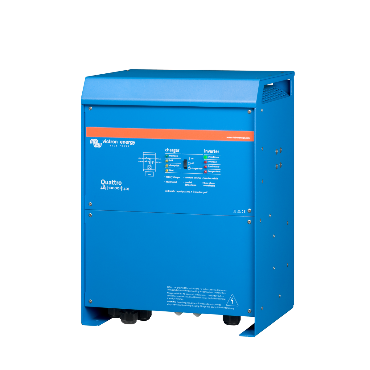 Victron Quattro inverter charger, front angled view showing blue casing with charger and inverter status panel
