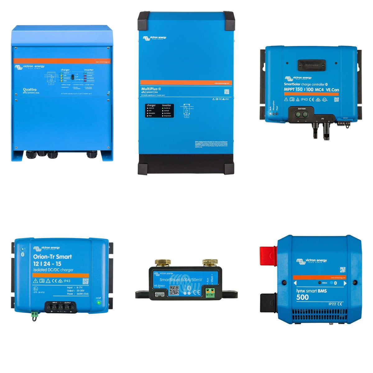 Victron Energy off grid ecosystem: Quattro and MultiPlus-II inverter chargers, SmartSolar MPPT, Orion-Tr Smart DC-DC charger, SmartShunt and Lynx Smart BMS