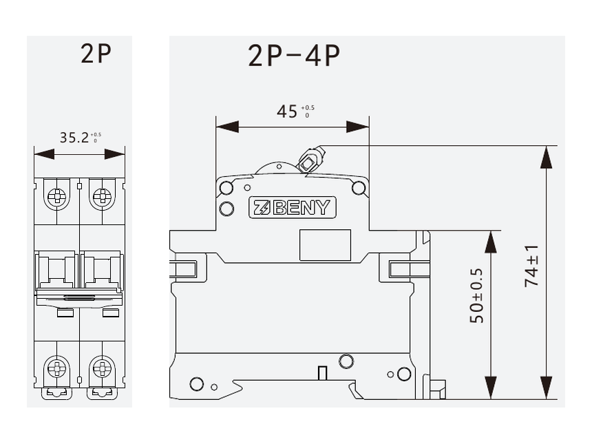ZJ BENY BB1-63 2P dimensions, 35.2 mm wide and 74 mm deep on 35 mm DIN rail